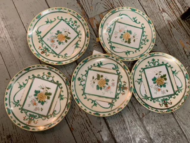 Gilded Nippon Salad Plates Five Hand Painted Gold Green Floral VTG