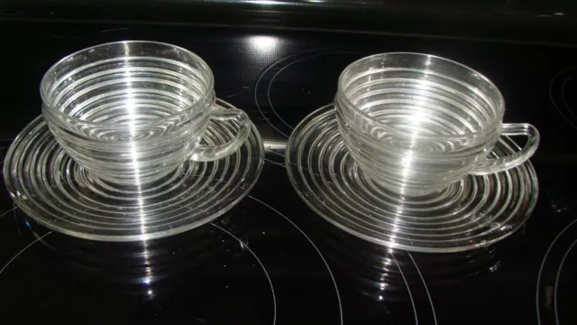 2 Anchor Hocking Manhattan Clear Coffee Tea Cups and Saucers Depression Glass