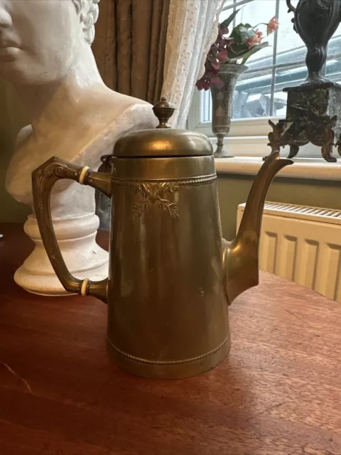 Vintage Brass English Coffee Tea Pot with Etched Floral Pattern Height 7.5” Tall