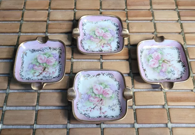 Vintage Pink Roses Floral Mini Ash Trays w/ Gold Gilt Lot 4 SIGNED Shabby Chic