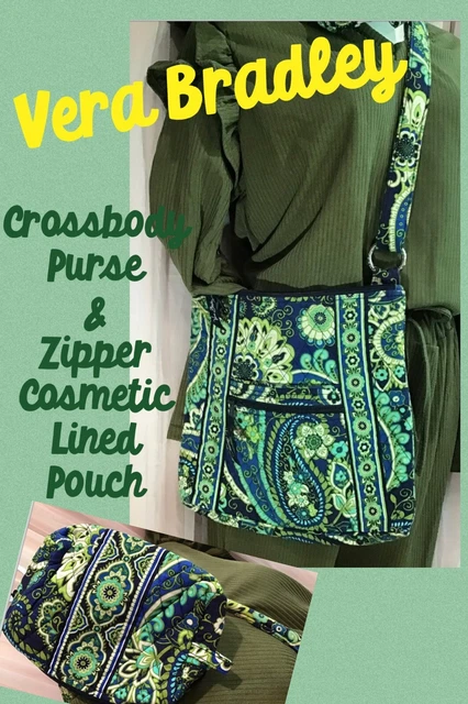 Vera Bradley Crossbody Purse & Make Up Bag Lot Green & Blue Paisley Retired