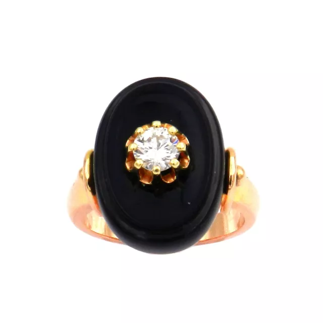 Art Déco Onyx 0.4 Carats Diamant Bague En 585 Or Um 1930