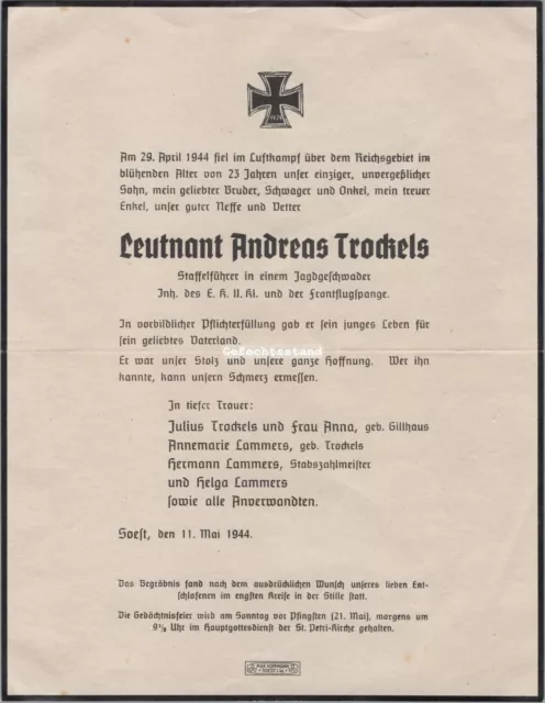 Photo, grave certificate Lieutenant A. Trockels, relay guide J.G.11 (G-2102-17)