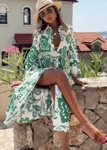 ZARA GREEN OYSTER White Poplin Marilyn Floral Print Belted Midi Shirt Dress  L 49.99 - PicClick UK