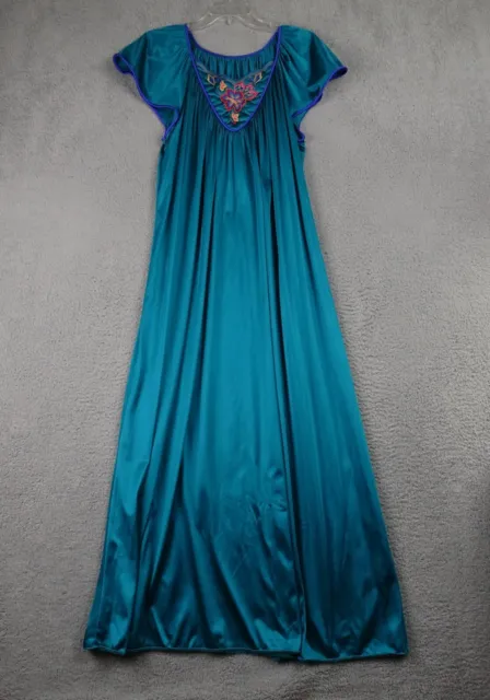 Vintage Vanity Fair Sz Medium M Nightgown Long Gown Teal Embroidered Trim Nylon