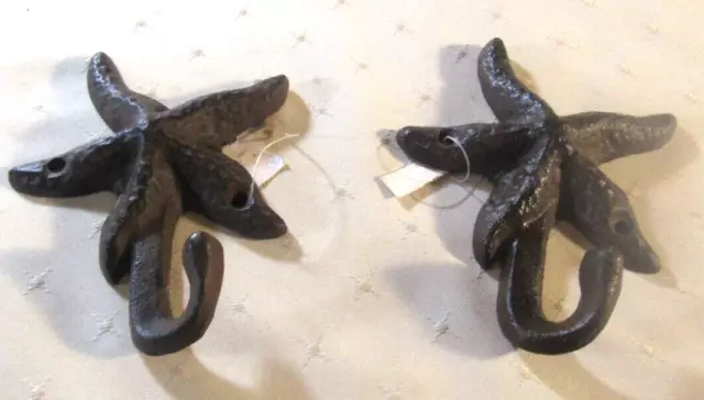 NWT- pair of Starfish shaped cast iron wall/ door hooks-4.75" X 4.25"