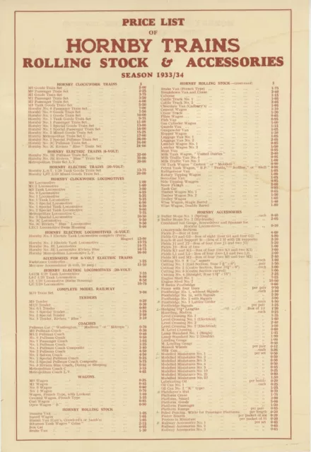 1933 original Hornby TRAINS Meccano CANADA PRICE LIST Rolling Stock Accessory