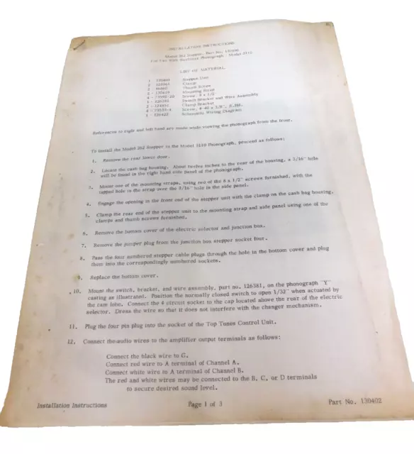 Wurlitzer Model 262 Stepper Installation Instructions for Model 3110 Phonograph