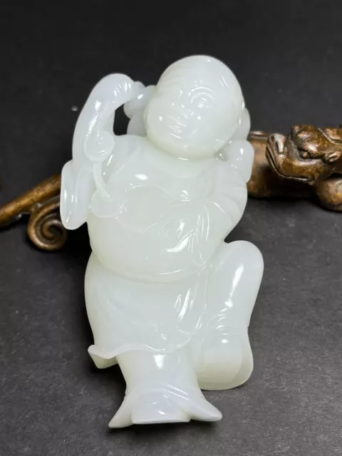 Chinese Exquisite Handmade Figure "LiuHai" carving Hetian Jade Statue