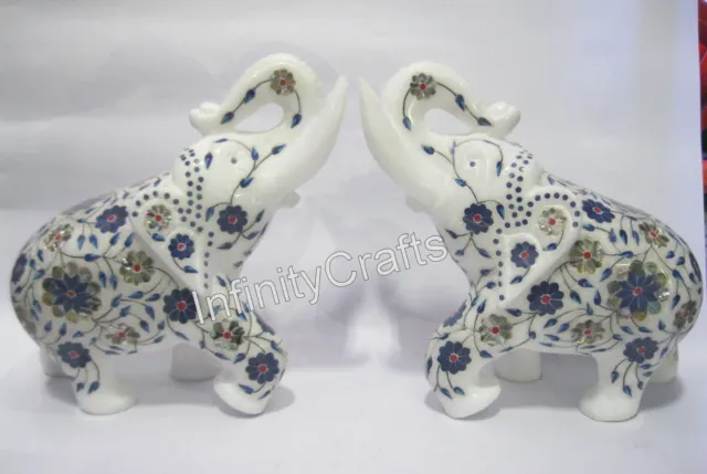 8 " Marbre Giftable Éléphant Statue Pietra Dura Art Good Luck Ensemble 2 Pièce