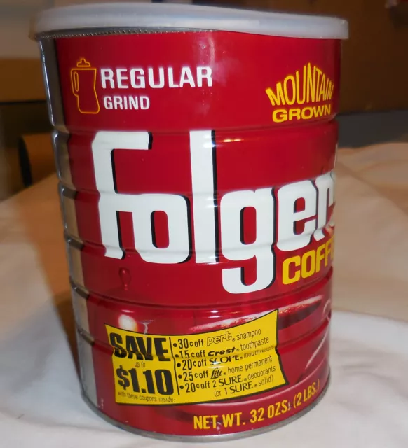 1 Folger’s Coffee EMPTY Tin Can 2LBS with Lid Mountain Grown Regular Grind