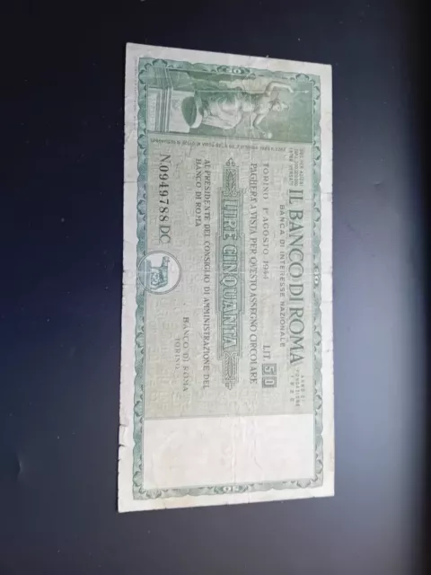 BANCO DI ROMA - Assegno Circolare a taglio fisso Lire 50 del 1944 come da foto