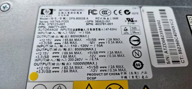 Alimentation HP DPS-800GB A REV 06M HSTNS-PD05 379123-001 380622-001