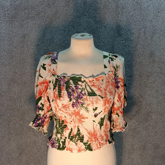 H&M Cream Pink Floral Crop Top Sheering Frill Square Neck Puff Sleeve Y2K Uk M