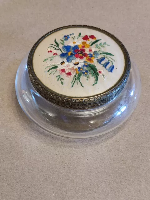 1950s Vintage Dressing Table Glass Embroidered Pot Trinket Powder Jar