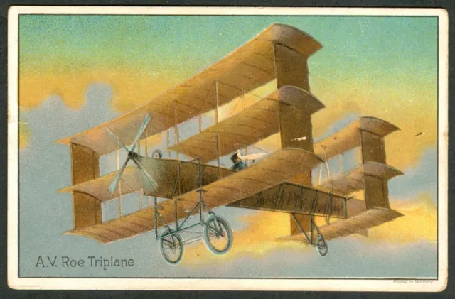 1910s A.V. Roe AVRO TRIPLANE K110 COFFEE Card AVIATION Airplane INT Coffee Co NY