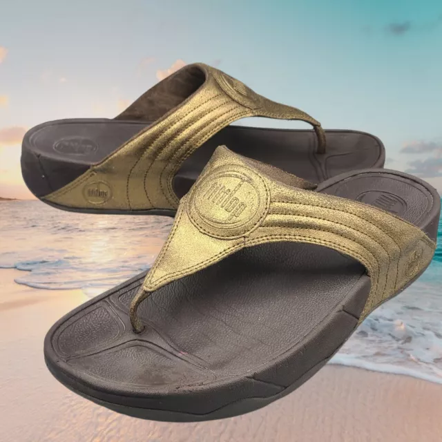 Fitflop Women Shoe Walkstar 3 Size 10 Gold Toning Thong Sandal Flip Flop