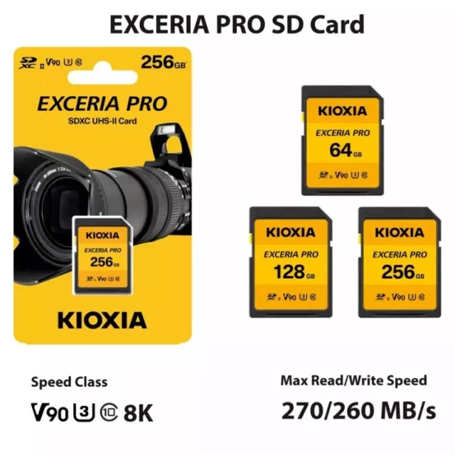 New Kioxia Exceria Pro 64GB 128GB 256GB SDHC SDXC SD Card V90 U3 UHS-II C10 8K