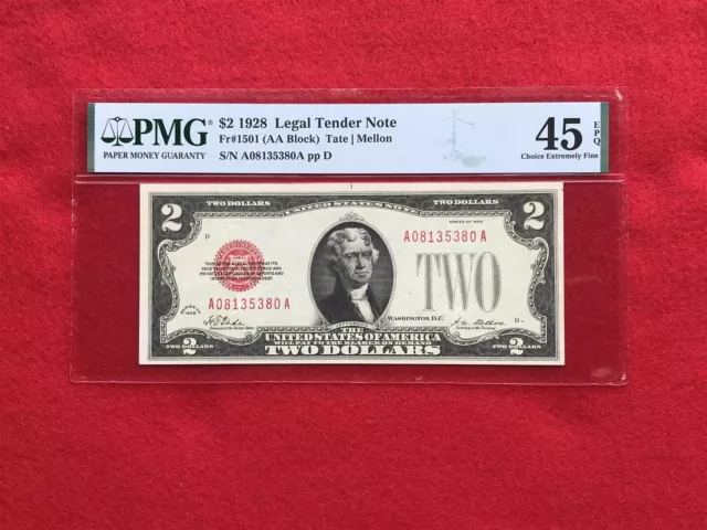 FR-1501 1928 Plain Series $2 Red Seal US Legal Tender Note *PMG 45 EPQ Ch XF*