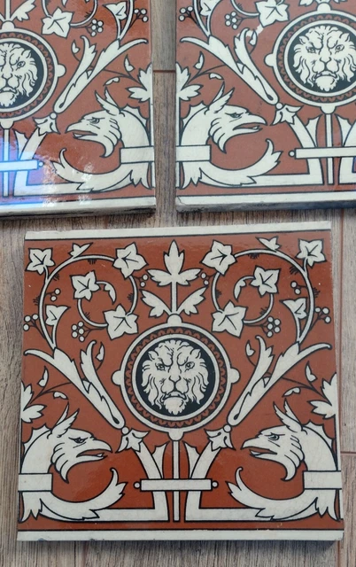 🏠*FIVE* large Reclaimed Minton Ceramic Tiles 🏠 Victorian/Edwardian /Gothic 🏠