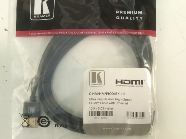 KRAMER C-HM/HM/PICO/BK-10 Ultra Slim Flexible High-Speed HDMI Cable 10ft/3.05m