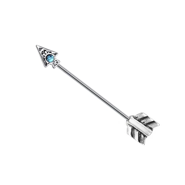 Industrial Barbell arrow tribal design with turquoise jewel 14 Gauge 38mm