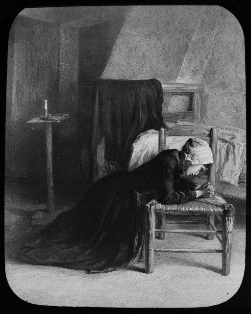 ANTIQUE Magic Lantern Slide THE WIDOW PRAYING C1890 VICTORIAN DRAWING