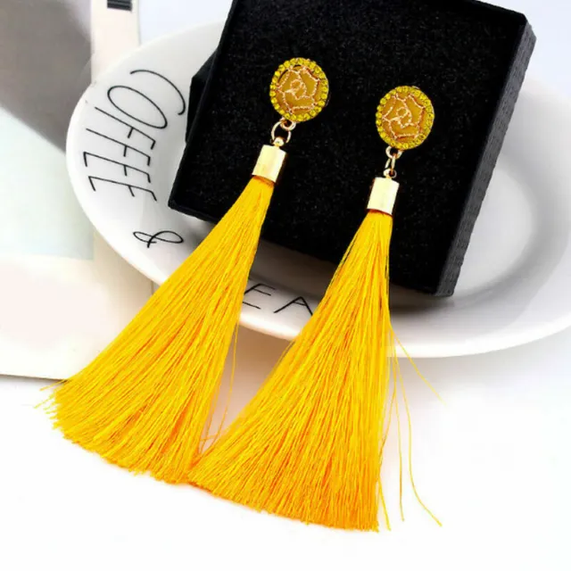 Women Vintage Long Tassel Fringe Dangle Fashion Bohemian 4" Earrings Yellow