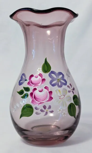 Teleflora by Fenton Hand painted 8" Heavy Amethyst Glass Vase