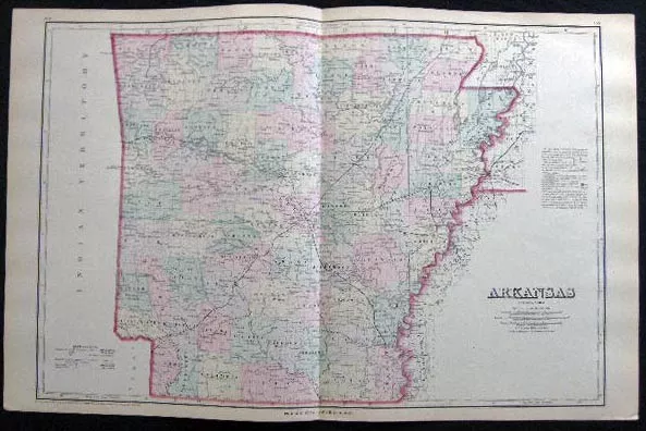 1882 Original Double Page Map Of Arkansas Hand Colored