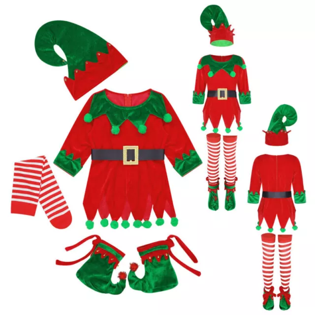 Boys Girls Christmas Elf Costume Santa Xmas Cosplay Set Dress Stockings Shoes