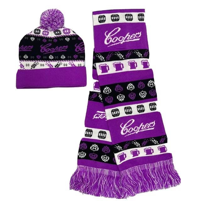 Coopers Beer Beanie and matching Scarf purple, black n white (scarf 1.6m long)