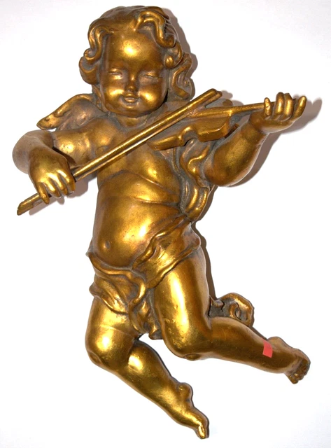 Vintage 16"H x 12"W Gold Plaster Cherub with Violin Architectural Detail