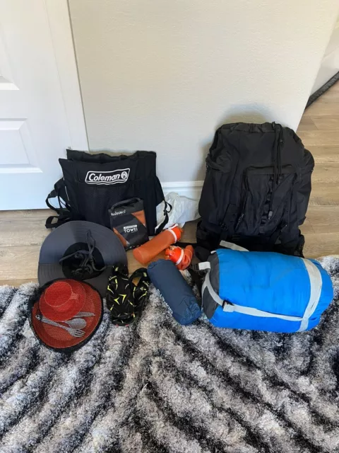 Camping/Hiking Survival Kit Backpack, Sleep Bag, Dish Kit, Chair, Hat, Bottles)