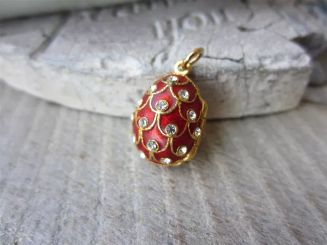 Vintage Red Enamel & Crystal Rhinestone EGG Locket Necklace PENDANT