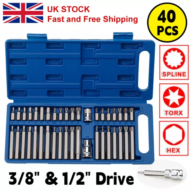 40Pcs Hex Torx Star & Spline Bit Socket Set 3/8" & 1/2" Long & Short Allen Key