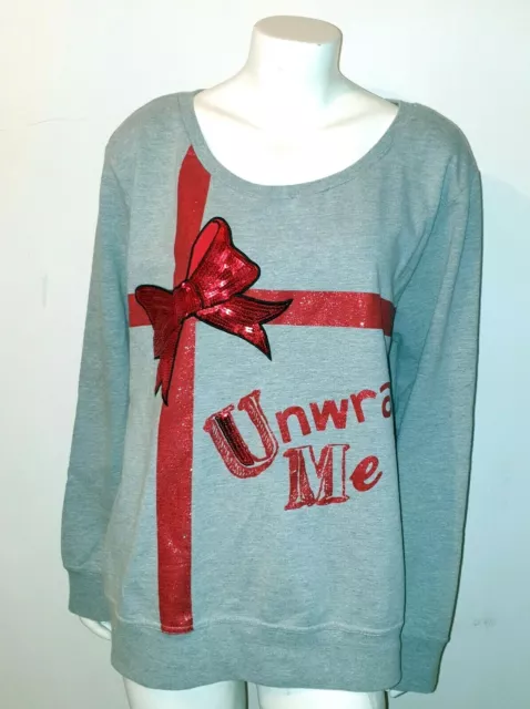 Felpa maglione natalizio grigio rosso ""Unwrap Me"" design fiocco taglia XL pavoni