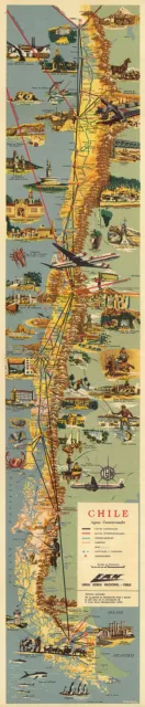 Chile Mid-century Pictorial Map LARGE 16"x77" Wall Art Poster Home School Office