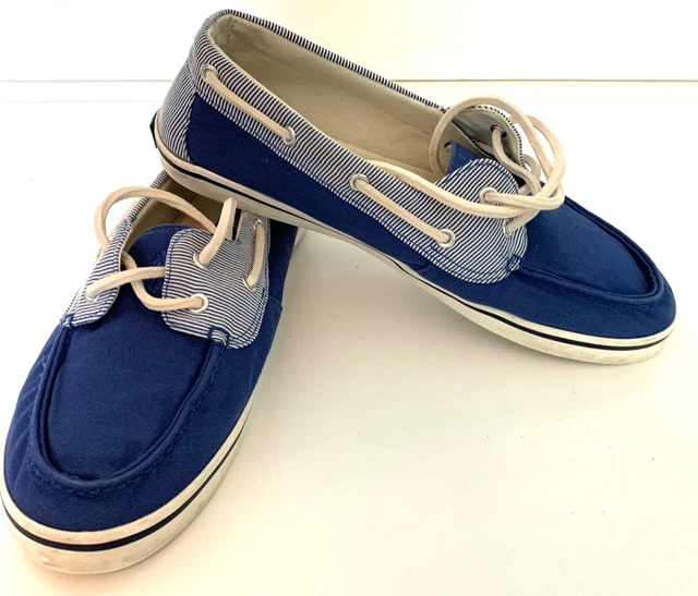 Womens Polo RALPH LAUREN Striped Devin Canvas Boat Deck Shoes Navy Blue Size 9.5