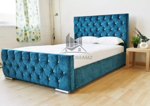 Stylish Teal Fabric Upholstered Bed Frame Chenille 4FT6 Double 5FT king Size