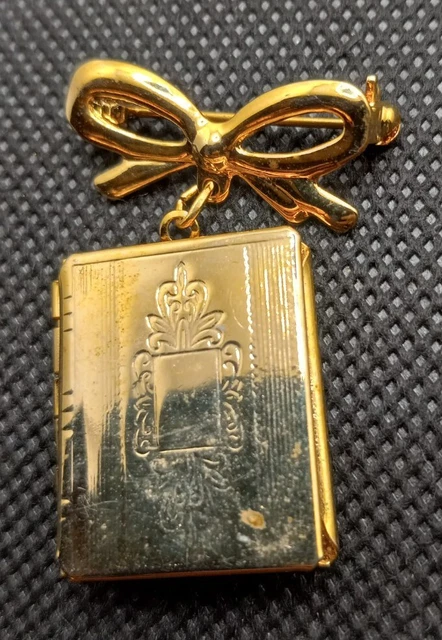 Vtg Goldtone Bow And Book Pucture Locket Brooch Pin 1.5"