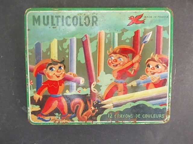 Superbe boîte crayons MULTICOLOR bucherons forêt écureuil école enfant 1950 !