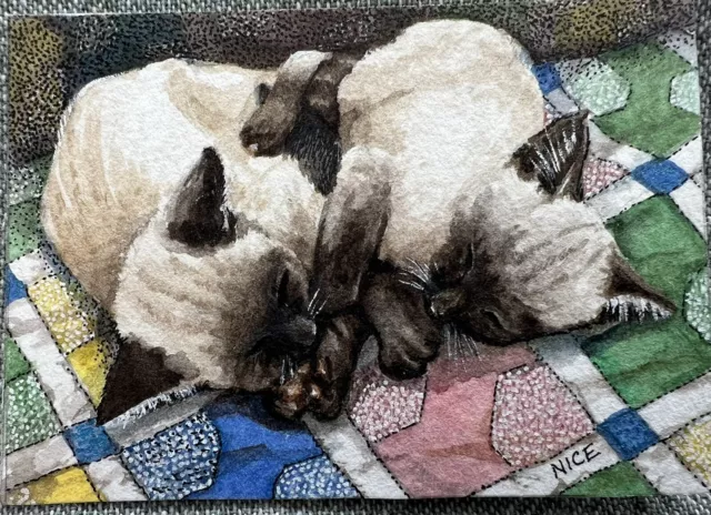 ACEO Original Cat Art  “Tandum Nap on Old Quilt” By Claudia Nice, 2007