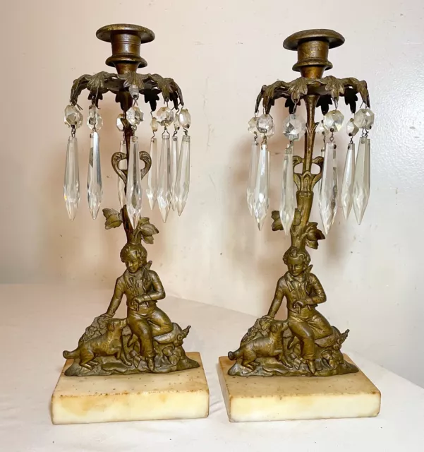 pair of antique ornate bronze marble drop crystal girandole candle holders lamp
