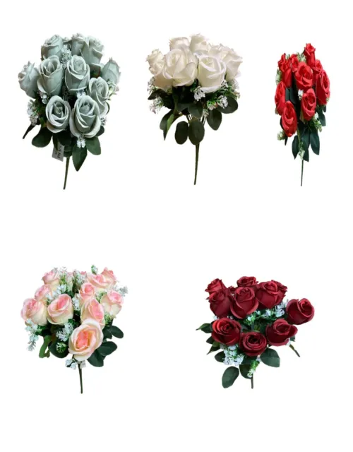 12 Heads Stems Artificial silk Flowers openRose Bunch Wedding Home Grave Outdoor