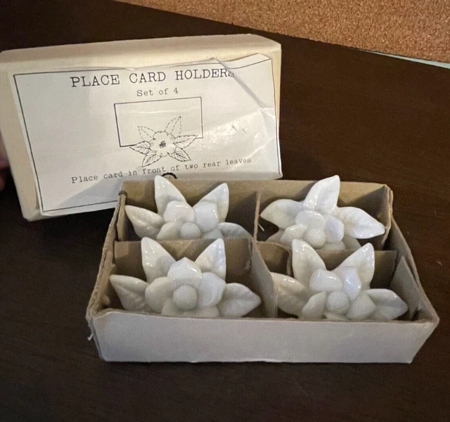Vtg I W Rice Irice Box of 4 White Porcelain Flower Name Place Card Holders Japan