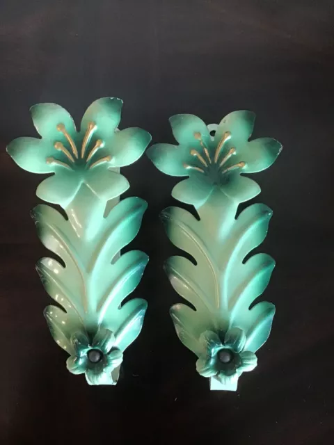 Pair of Vintage  1940-50s  Green Metal Flower  Enamel Curtain Tiebacks