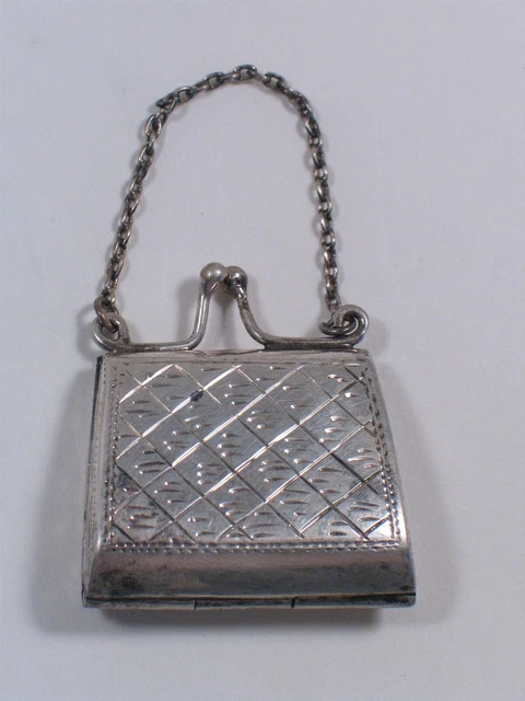 Miniature 925 Silver Purse, 1-1/4" w/chain handle. Opens & Closes, 10g sterling