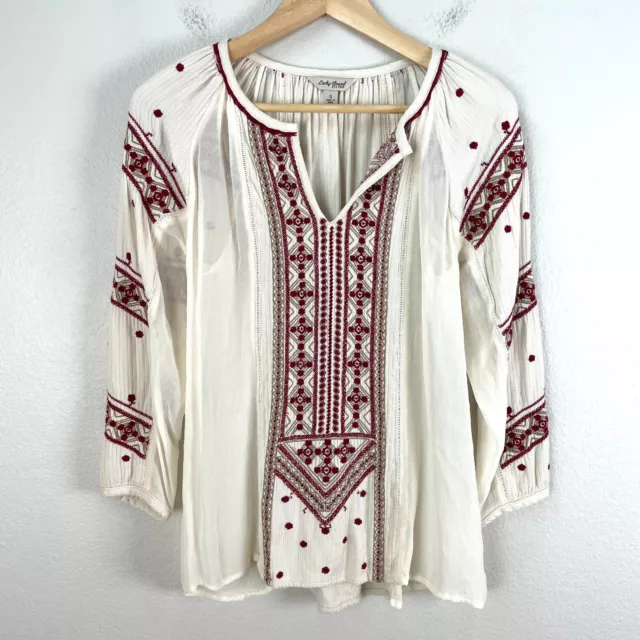 Lucky Brand Womens Size Small Embroidered Peasant Blouse Boho Sheer Shirt Top