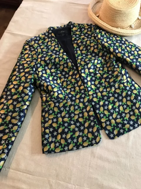 J. Crew Lemon Jacquard Navy blazer jacket with bright yellow lemon print Size 2